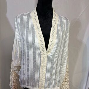 Johnny Was Cream and White Blouse with Intricate Embroidery